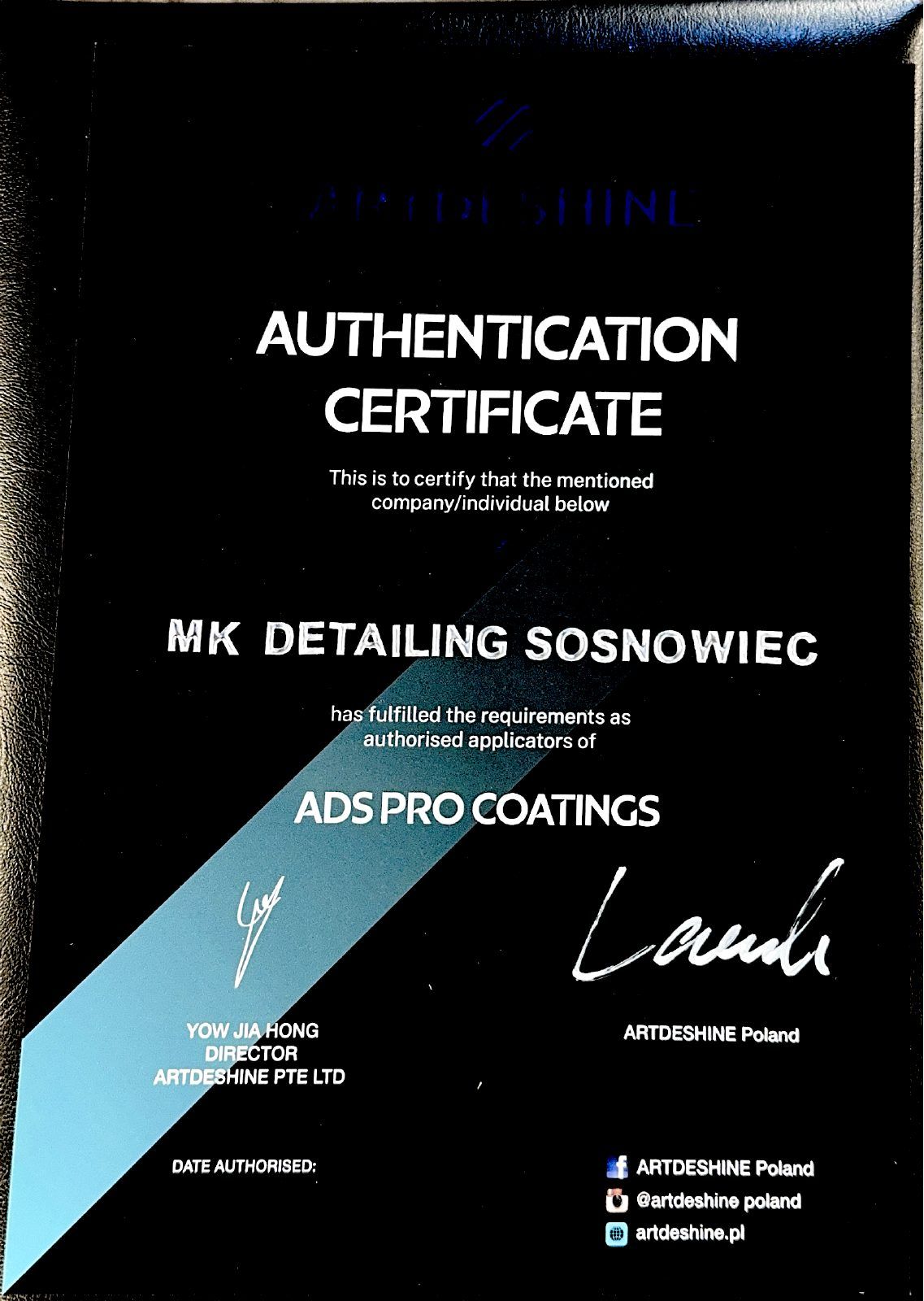 Certyfikat autoryzowanego aplikatora ArtDeShine ADS Pro Coatings dla MK Detailing Sosnowiec