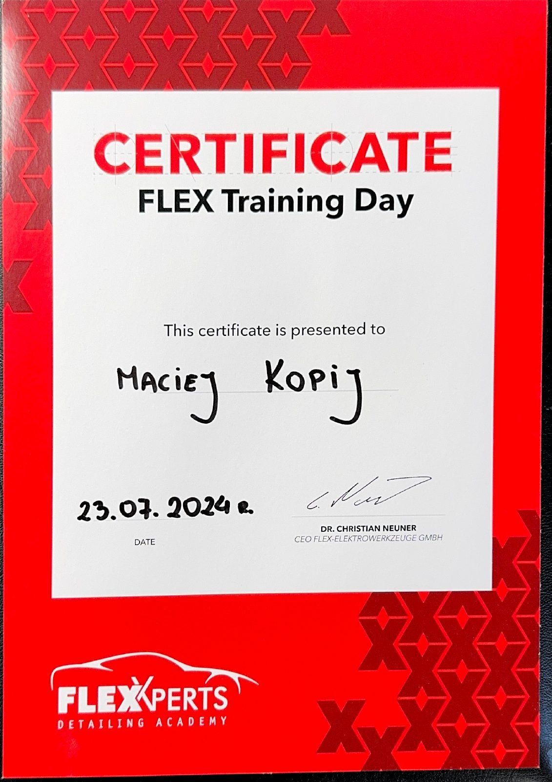 Certyfikat FLEX Training Day dla Macieja Kopija z 23 lipca 2024 roku