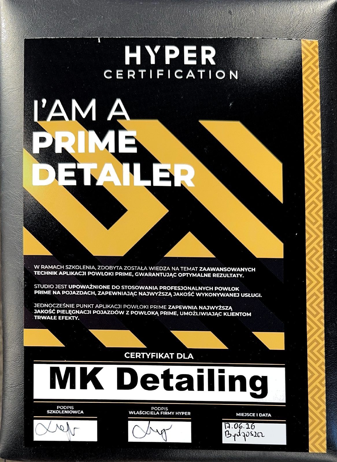 Certyfikat HYPER PRIME Detailer dla MK Detailing z 17 czerwca 2026 roku