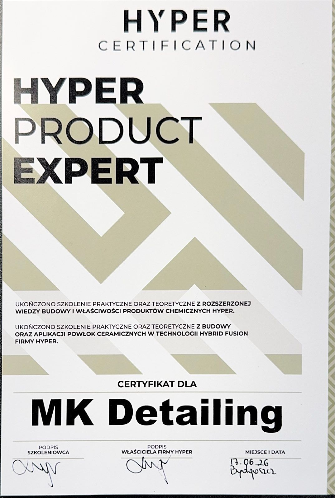 Certyfikat HYPER Product Expert dla MK Detailing z 17 czerwca 2026 roku